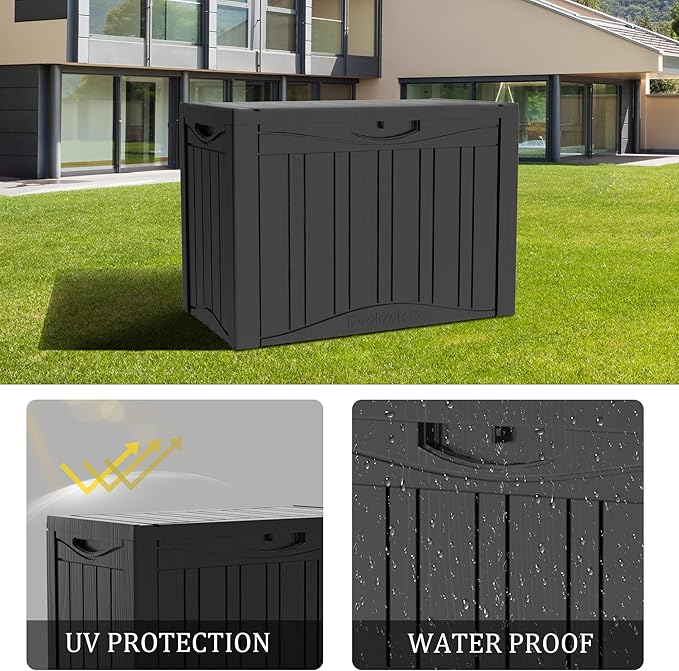50 Gallon Plus Outdoor Storage Box, Waterproof Resin Deck Box for Patio, Pool, and Garden, Lockable Bin for Cushions, Tools, and Accessories, UV-Resistant, Black