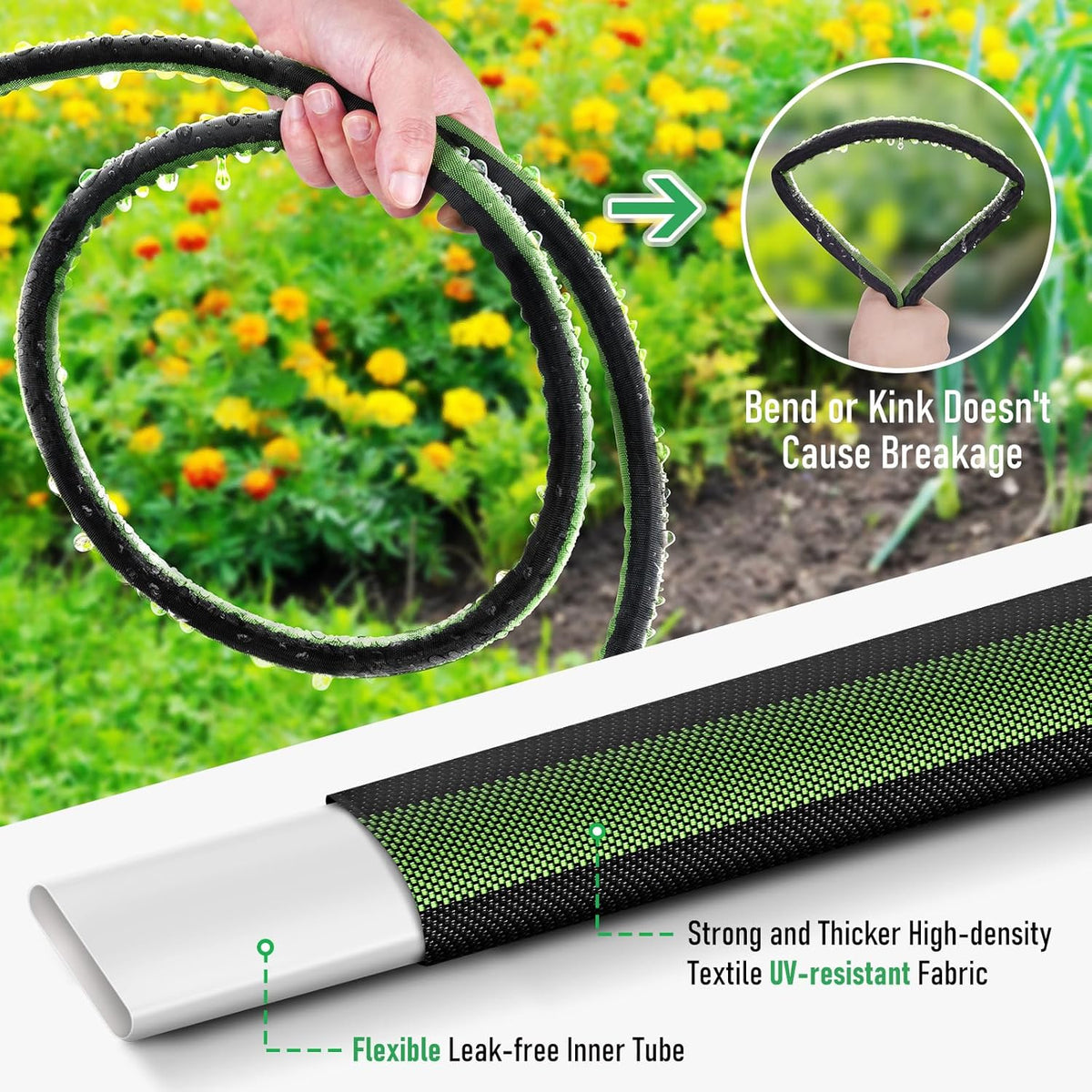 Flat Soaker Hose 200FT for Garden and Lawns, 80% Water-Saving Drip Irrigation Hose with Anodized Aluminum Ends, Flexible Leakproof Double Layer Gardening Hoses(50FT X 4Pack) ﻿