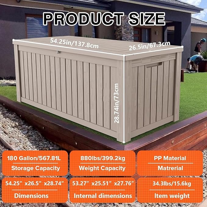 180 Gallon Outdoor Storage Deck Box - Large Waterproof Resin Bin for Delivery Boxes Outside, Lockable Storage for Patio/Pool Cushions & Tools, UV-Resistant, Granite Grey