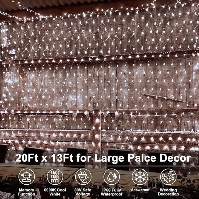 Echosari 720 LED Net Light 20ft x 13ft Large Size Bush Light Plug-in, IP68 Fully Waterproof Outdoor for Garden Backyard Wall Trees Party Holiday Decoration (Cool White)