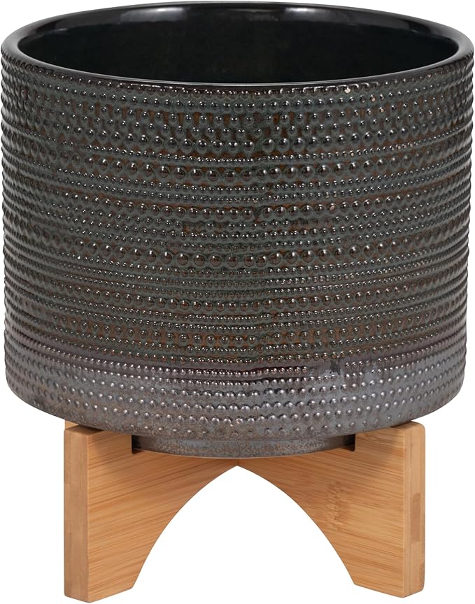 Sagebook Home 8" Ceramic Planter on Bamboo Wood Stand - Green Plant Stand with Contemporary Dotted Design - Indoor or Outdoor Plants and Succulents