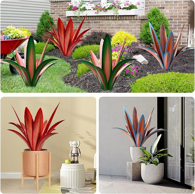 Enlarge thickened Wind Resistant Metal Agave Garden Art Metal Plant Country Garden Sculpture Statue Outdoor decoration Agave Metal Plant Courtyard Garden Lawn Ornament Gift (2, 12 Leaves Green)
