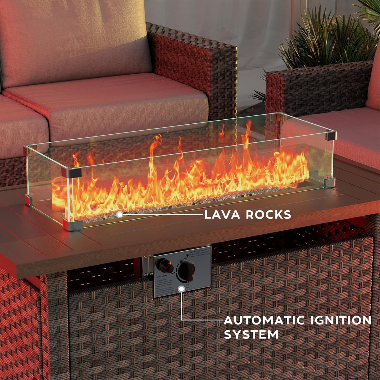 Propane Fire Pit Table Outdoor,44" 60000BTU Auto-Ignition Fire Table with Wind Guard Square Large Wicker Firepits for Porch Garden(Grey,CSA Certified)