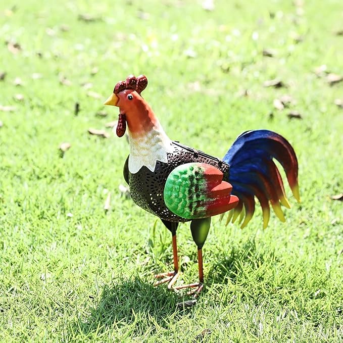 Solar Metal Rooster Animal Lights Decor Metal Chicken Sculpture for Backyard Patio Decor & Lawn OrnamentsGifts10.6inchesH (Rooster)