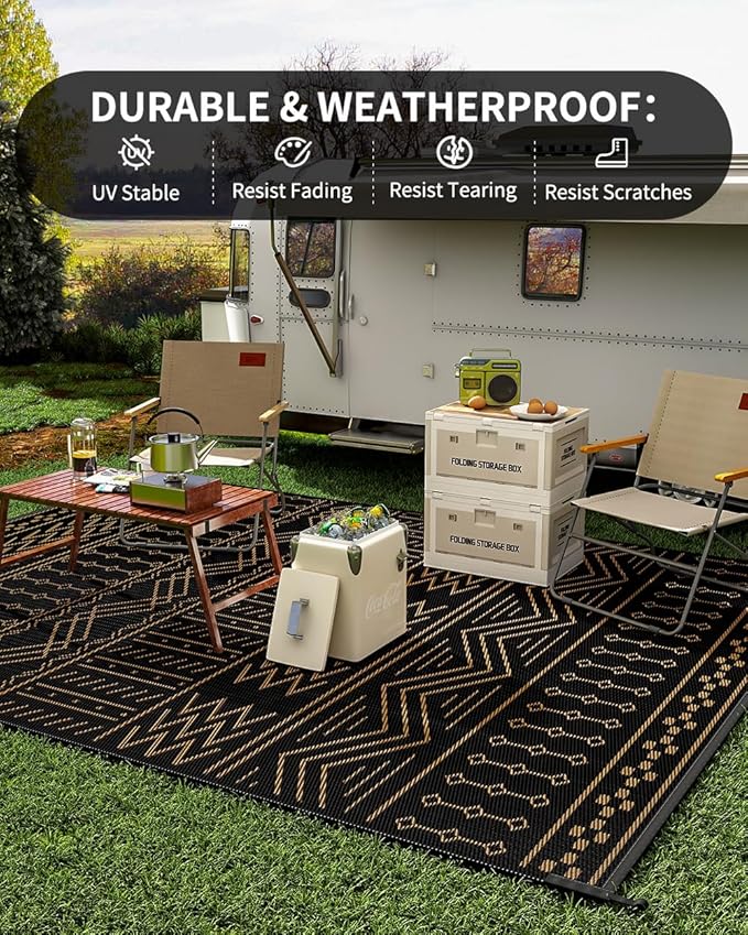 Outdoor Rug Carpet Waterproof 8x10 ft Patio Rug Mat Indoor Outdoor Area Rug for RV Camping Picnic Reversible Lightweight Plastic Straw Outside Rug for Patio Decor Decoration Boho Rug Black Brown