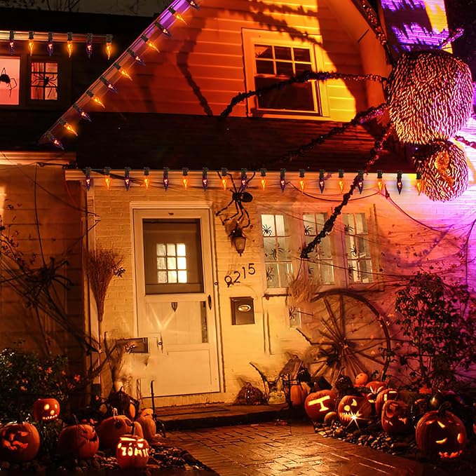 27.78 FT Halloween Ligths, C7 Clear Orange and Purple Flickering Flame String Lights Outdoor, E12 Screw Base, Flame String Lights for Halloween Indoor Outdoor Roofline Garden Patio Party Decorations