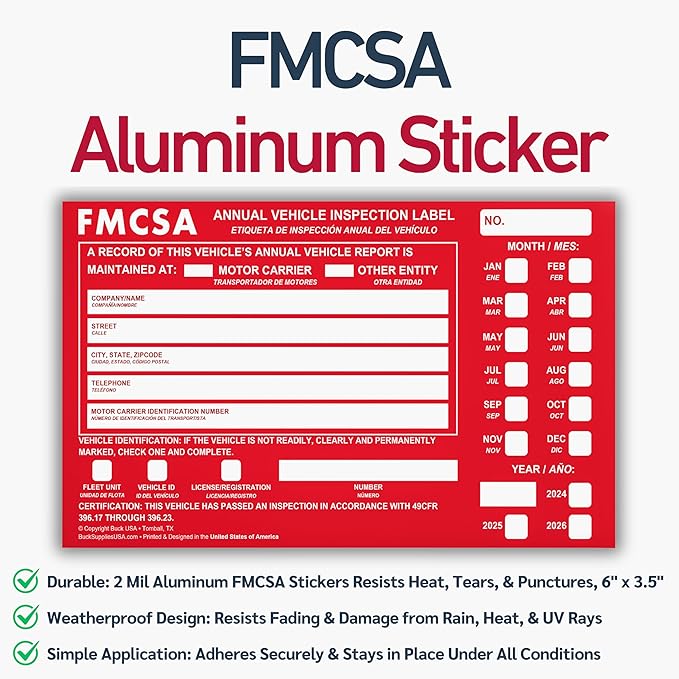 50 Pack 3-Ply Carbonless Annual Vehicle Inspection Report Forms with FMCSA Red Aluminum Adhesive Labels, DOT Inspection Forms and Stickers, Shrink-Wrapped, 8.5" x 11.75" - Made in USA