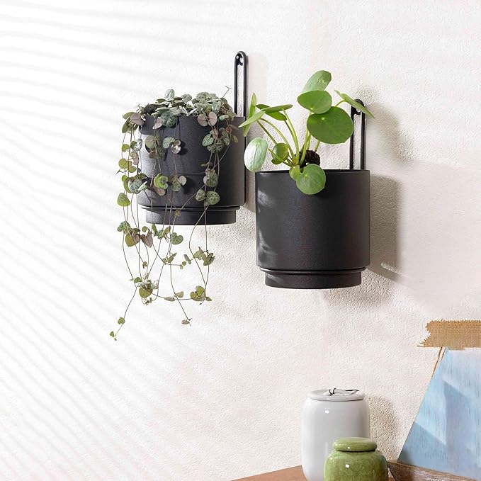 2 Pcs Wall Mounted Hanging Planters for Indoor and Outdoor Plants Wall Hanging Planters for Indoor Plants Modern Wall and Ceiling Planter Minimalist Flower Pot (Black-1, 5.91 inch)