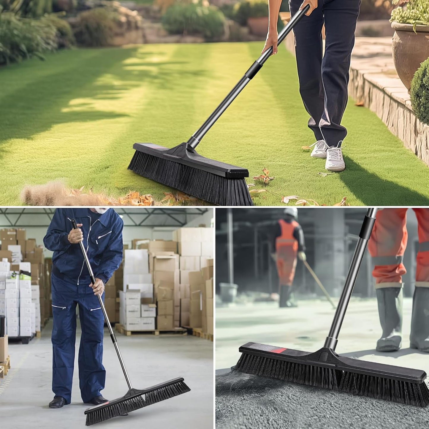 Push Broom Outdoor Heavy Duty,Masthome 24" Push Broom with Stiff Bristles,Heavy Duty Garden Broom,Outdoor Stiff Sweeping Broom for Garage Yard Patio Deck Concrete Wood Stone Floors Scrub and Cleaning