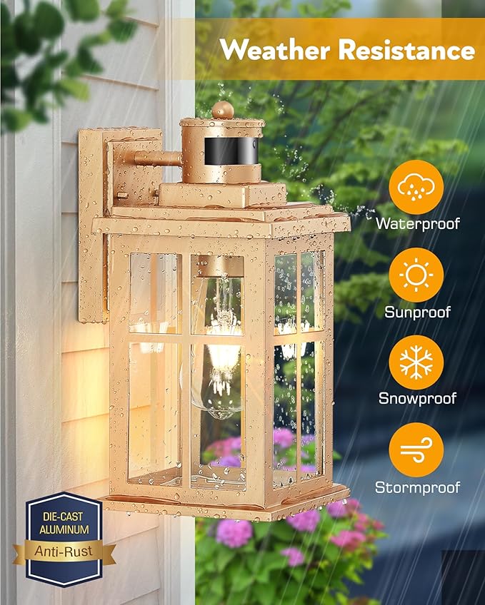 Gold Motion Sensor Outdoor Lights, Waterproof Exterior Lighting Fixtures, Aluminum Modern Outdoor Wall Lights Exterior, Transparent Glass Outdoor Porch Lights for House, Garden, Yard, E26 Base