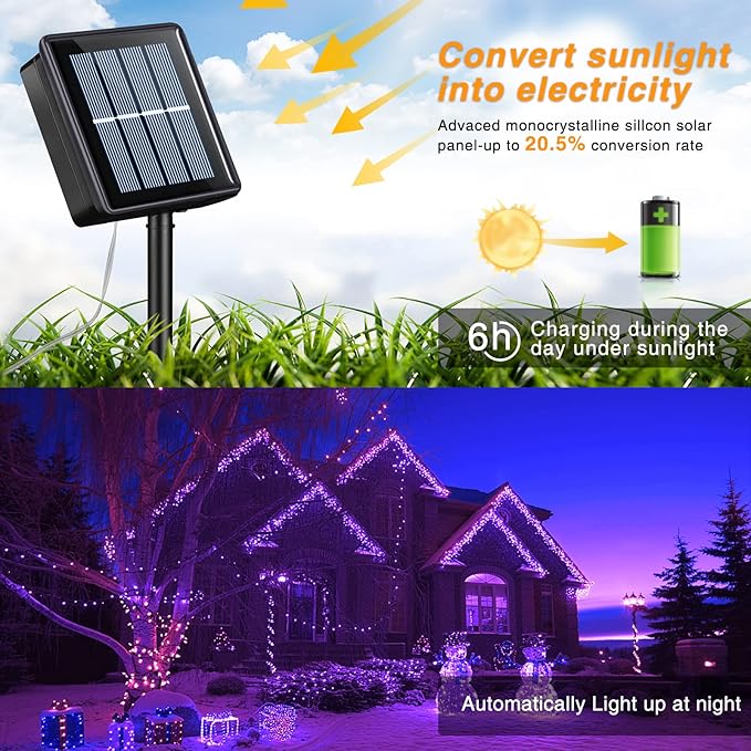 QITONG 4 Pack Purple Solar Fairy Lights, Each 33ft 100 LED Solar Christmas Lights, 8 Modes Solar Twinkle String Lights