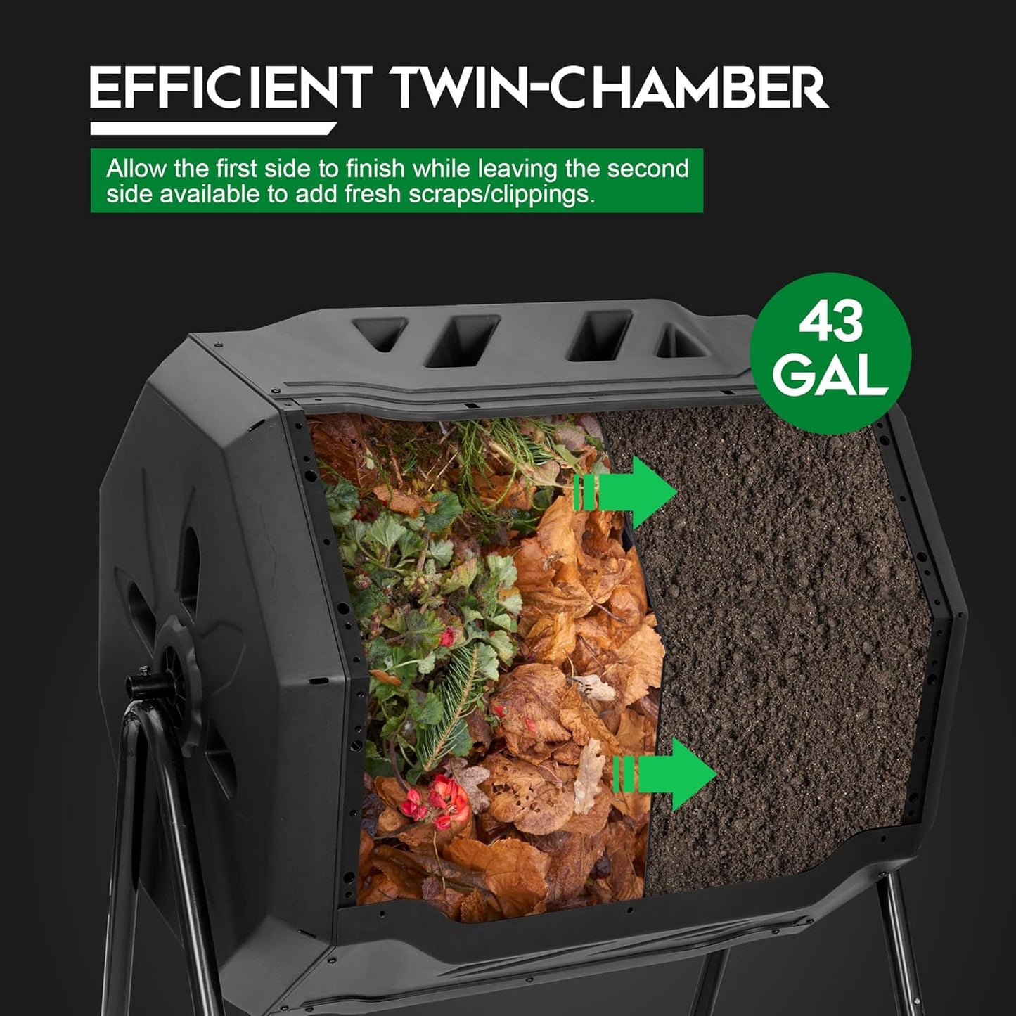 F2C Compost Bin Outdoor 43 Gallon Garden Dual Chamber Composter Bin - Bundled with Pearson's Gardening Gloves，BPA Free, Heavy-Duty Steel Frame, Rotating Tumbler with Sliding Doors | (Black)