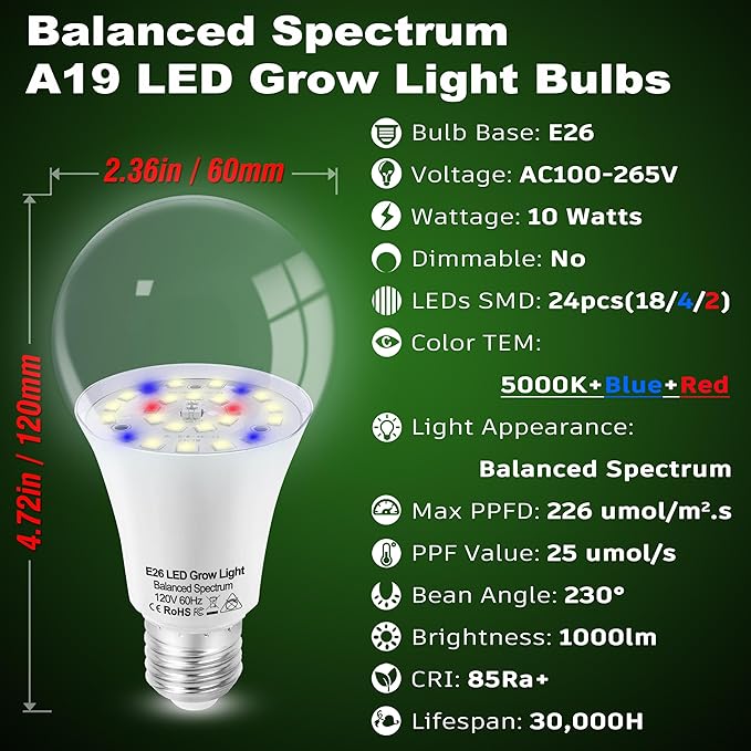 E26 A19 LED Plant Grow Light Bulbs Indoor Plants Full Spectrum,LED Sun Light Bulbs Plant Growing 100W Equivalent with Balanced Spectrum 5000K Red Blue Yellow for Seeds Greens Flower Fruit Garden,6Pack