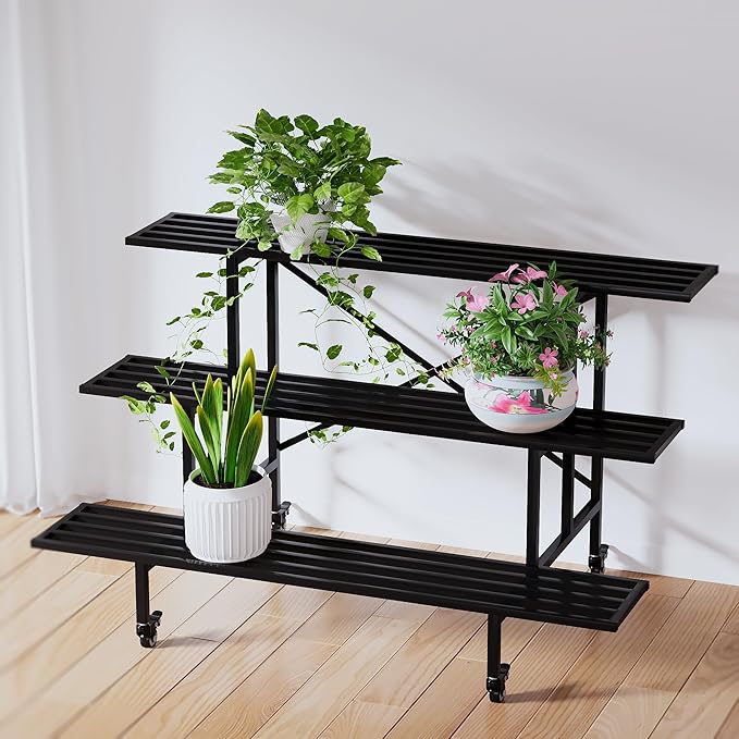Zhongma 3 Tier Sturdy Metal Plant Stand with Wheels, L45.67 x W26 x H26 inch, Heavy Duty Plant Holder for Home Indoor and Outdoor, 660 LBS Capacity & Heavy Duty Construction
