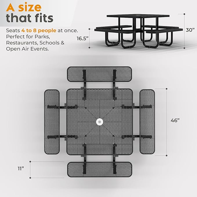Metal Picnic Tables for Outdoors with Umbrella Hole - Coated Steel Heavy Duty Commercial Grade Table with Adjustable Seats (Black, 46 in, Square, Expanded Steel)