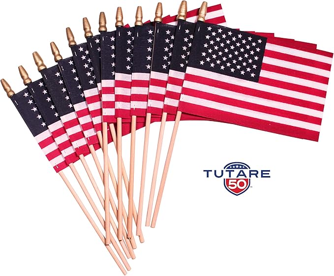 American Flags on Stick - Handheld Spearhead US Flag for 4th of July, Memorial Day Event Decorations - Patriotic Decor for Indoors & Yard - Wooden Stick, Cotton Fabric - (4"X6" - 50 Pack)