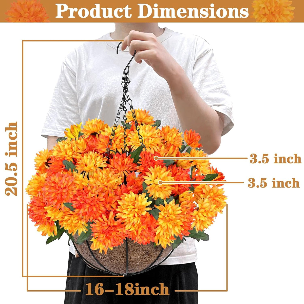 Artificial Faux Fall Mums Hanging Flowers Plants Basket for Outdoor Decor, 75 UV Resistant Fake Silk Orange Yellow Daisy in Planter Real Look for Autumn Porch Home Patio Garden Yard Decoration