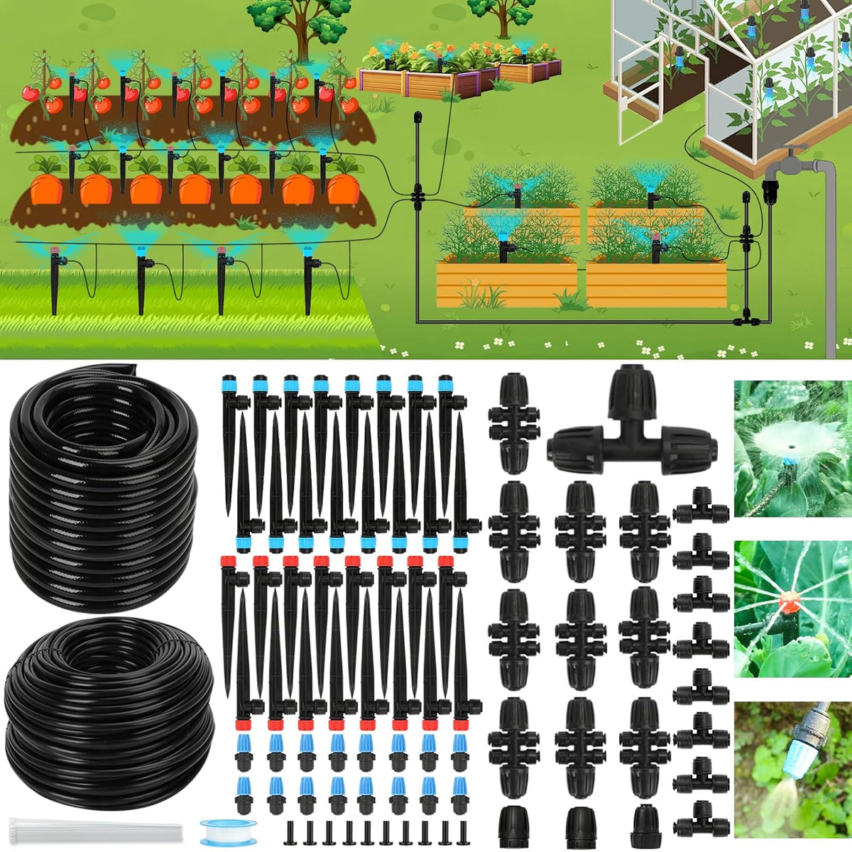 250FT Drip Irrigation Kit – 2025 New Quick-Connect Micro Irrigation System with 50FT 1/2'' Tubing, Locking Nozzle Emitters, Adjustable Misting Sprayers for Gardens, Lawns, Raised Beds and Greenhouses