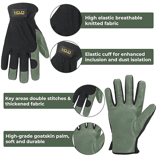 HLDD HANDLANDY Garden Gloves Men, Leather Utility Work Gloves for Gardening, Yardwork, Construction, Mechanics with Reinforced Palm, Green XL