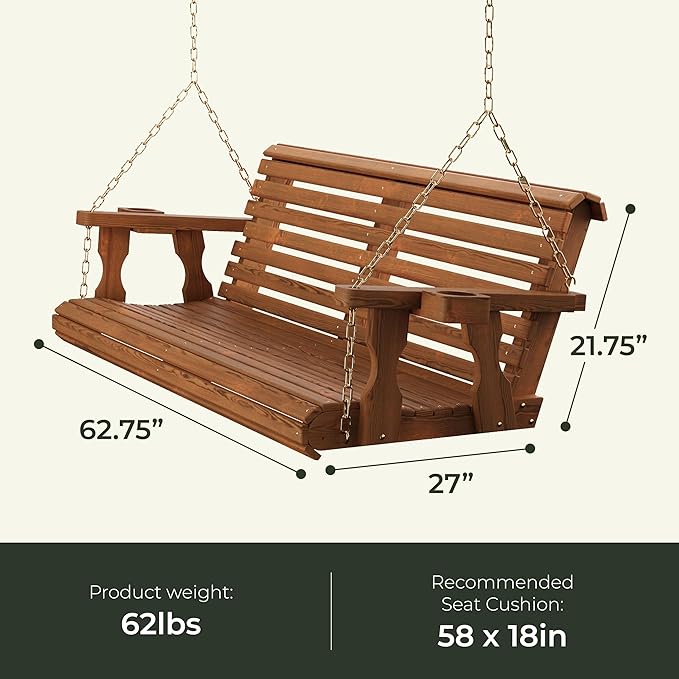 Amish Casual 6 Foot Roll Back Porch Swing with Cup Holders in Oak Stain - Amish Made in The USA from Treated Pine Heavy Duty 700 Lb. Weight Capacity