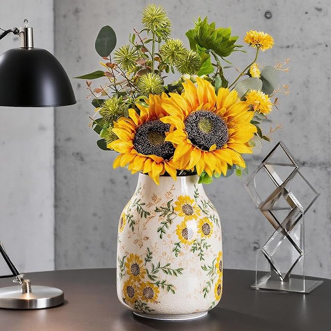 Sunflower Vintage Ceramic Yellow Floral Vase, Beige and Green Chinoiserie Home Decor for Fireplace Mantle, Table Centerpieces, Kitchen Counter, Tuscan, Cute Flower Vase for Living Room Office 7.8 Inch