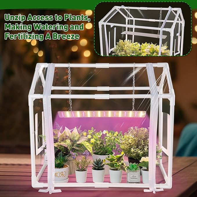 Meonum Mini Greenhouse with Grow Light for Indoor, 23.6 x15.7 x19.6 Tabletop Small Greenhouse Kit with 15W Plant Dimmable LED Grow Lights and Timer, 3 Light Color Mode for Seed Starter Tray