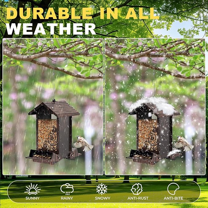 Squirrel Proof Bird Feeder for Outdoor Hanging,Metal Bird Seed Feeder with Bilateral Weight Activated Perches,5LB Large Capacity Wild Bird Feeders for Outside,Easy Refill and Clean,Brown