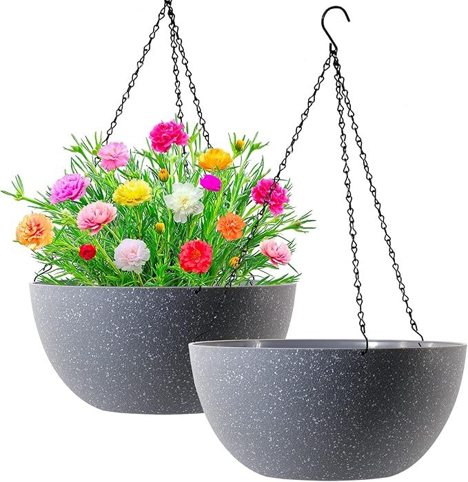 WOUSIWER 13 inch 2 Pack Large Hanging Planters for Indoor Outdoor Plants with Drainage Holes and Chain, Round Hanging Flower Pots for Garden Home Porch Decor, Grey Speckles