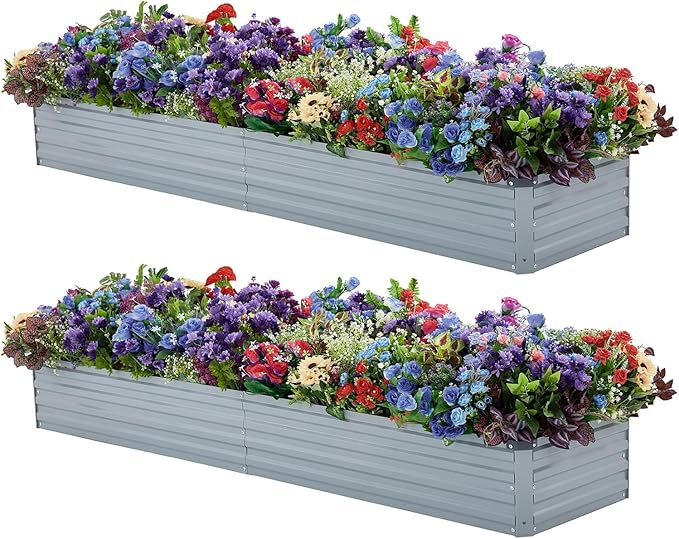 2 Pack 8x2x1FT Galvanized Raised Garden Beds Kit Outdoor Metal Gardening Planter Box for Vegetable Elevated Flower Herbs,Gray