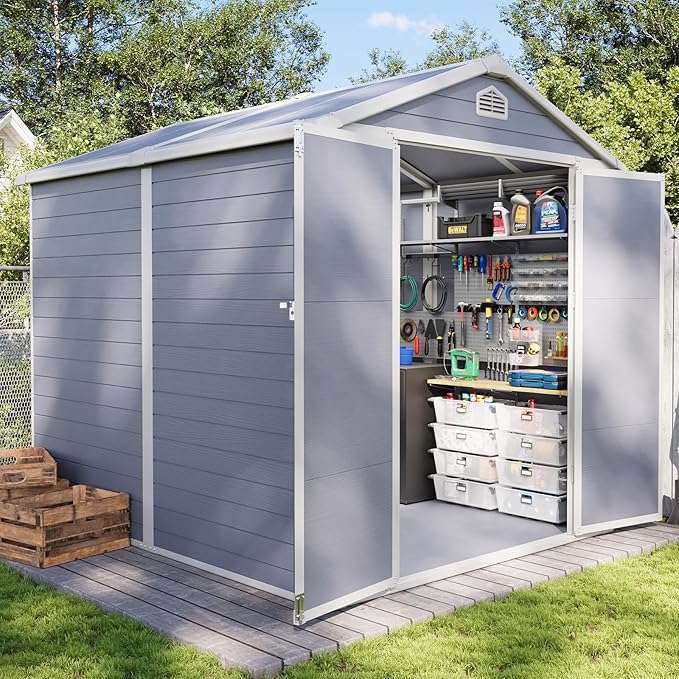 Aoxun 8 X 6.2 FT Resin Storage Shed Outdoor Plastic Large Garden Shed with Lockable Door, Floor for Backyard, Garden, Patio, Lawn, Grey (Grey, 8' x 6.2')