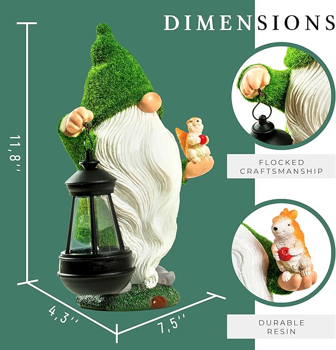 Garden Gnome with Squirrel 11.8, Gnomes with Solar Lantern, Garden Statues Outdoor Clearance, Garden Gnomes Outdoor Funny for Patio Decor, Fall Gnomes