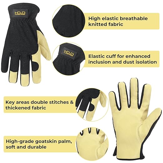 HLDD HANDLANDY Mens Leather Gardening Gloves, Utility Work Gloves for Gardening, Yardwork, Construction, Mechanics