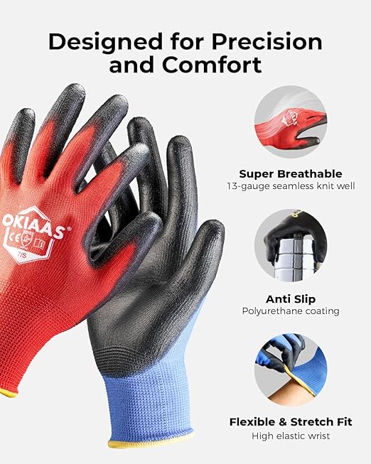 OKIAAS Work Gloves for Men - Ultra Thin and Lightweight With Grip, 12 Pairs Bulk Pack Construction With Polyurethane Coating, Safety for Light Duty Work (Green, Small)
