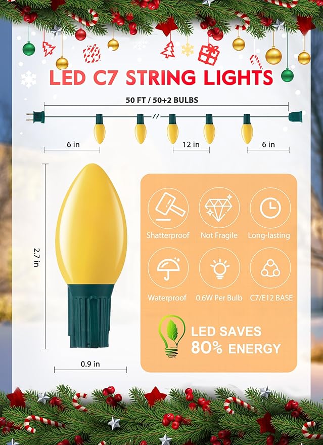 Multicolor C7 LED Christmas String Lights, 50FT 50 Lights C7 Vintage Christmas Lights, Commercial Connectable Christmas Tree Lights for Xmas Holiday Roofline Garden Wedding Decor, Warm White