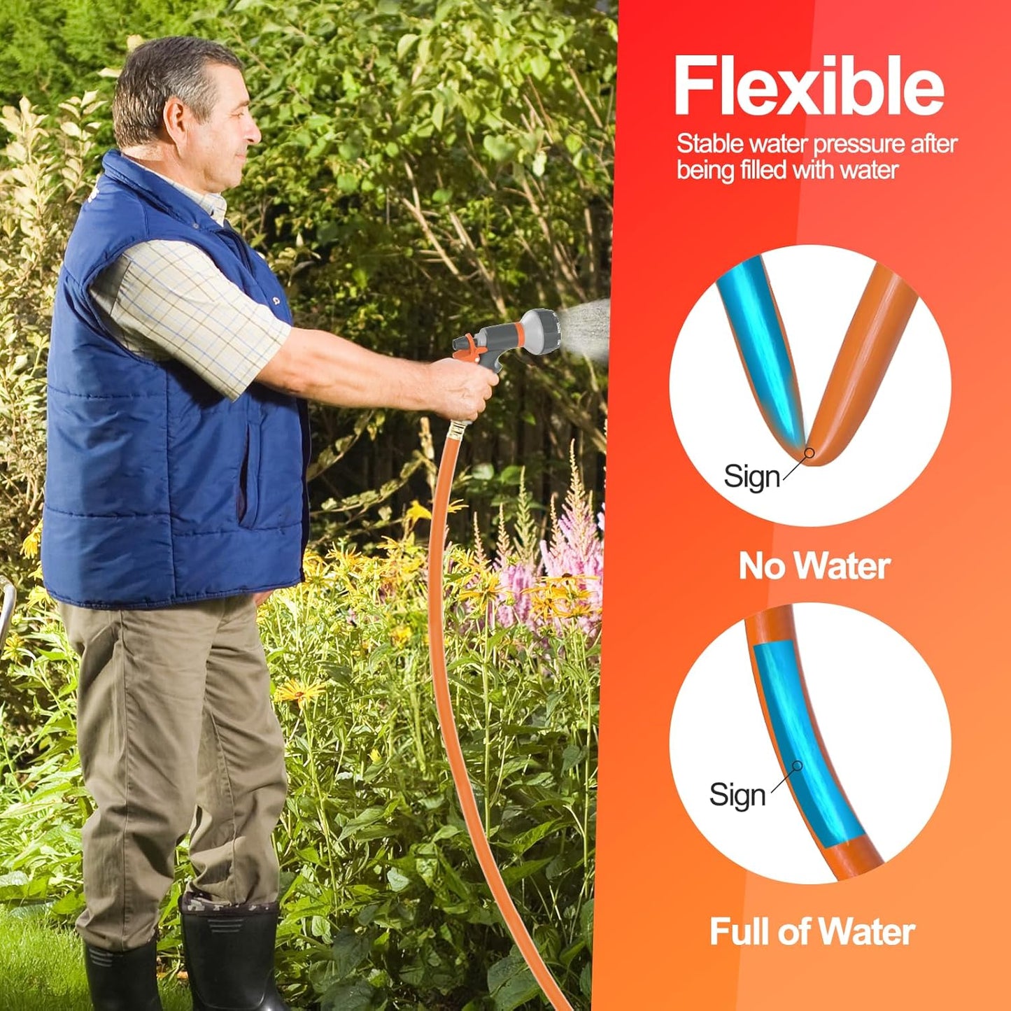 Garden Water Hose 25 ft x 3/4 in Heavy Duty, Flexible and Lightweight, Burst 600 psi, Kink-less Hybrid Rubber Pipe for Backyard, 3/4'' Brass Fittings, Orange