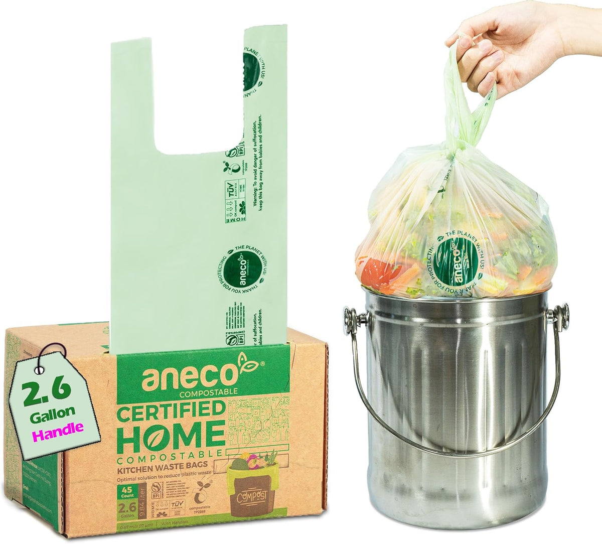 ANECO 100% Compostable Food Waste Bags 2.6 Gallon With Handles, Small Compost Bags for Countertop Bin, OK Compost HOME & BPI Certified Compostable Kitchen Food Waste Bag (45 Count)