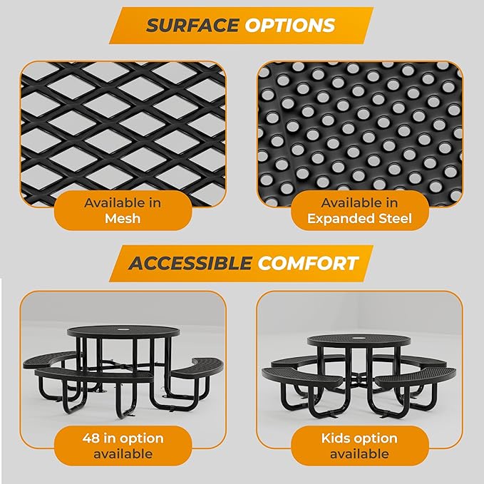 Metal Picnic Tables for Kids for Outdoors with Umbrella Hole - Coated Steel Heavy Duty Commercial Grade Table with Adjustable Seats (Red, 38 in, Kids, Expanded Steel)
