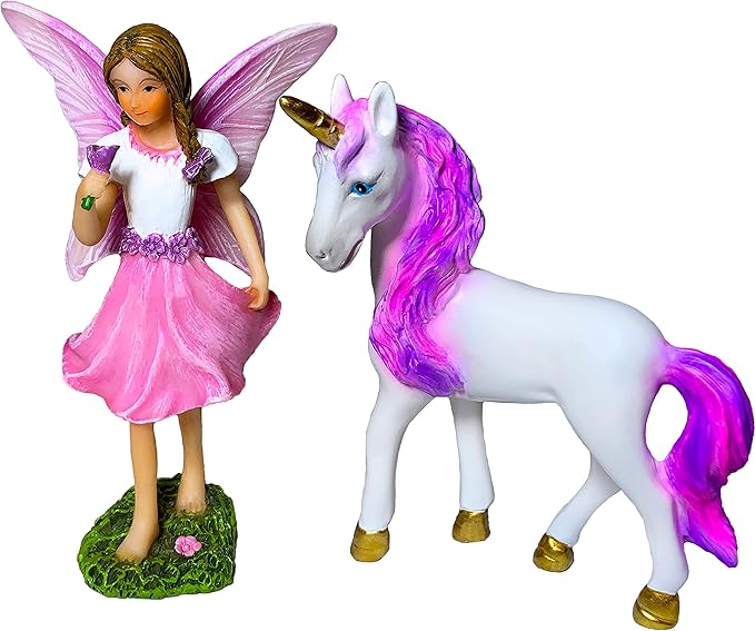 Mood Lab Fairy Garden - Fairy with Unicorn Set of 2 pcs - Miniature Figurines Statue Kit - Outdoor or House Decor
