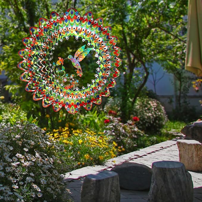 Hummingbird Wind Spinner for Yard and Garden,12in 3D Wind Spinner Hummingbird Gift for Women/Mother/Father/Men,Hanging Bird Wind Catchers Kinetic Yard Art Ornaments Outdoor Wind Sculptures