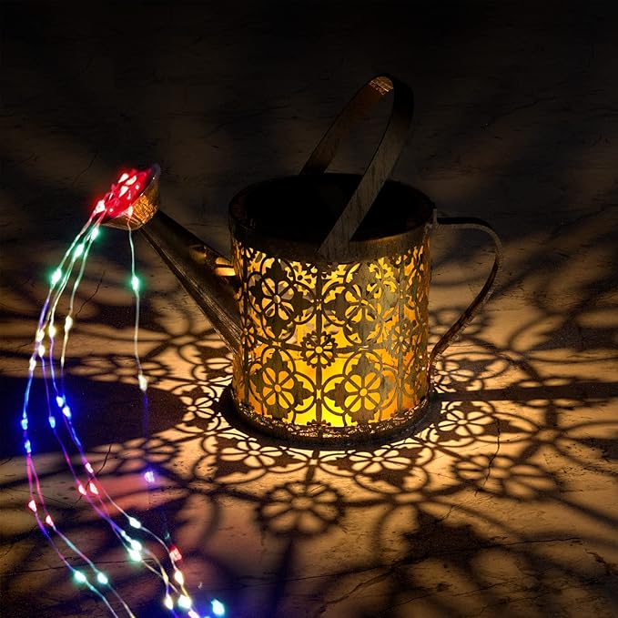 MEREAR Solar Watering Can Lights Outdoor with 8 Multi-Color Changing Modes, IP65 Waterproof Landscape Light Garden Decor, One Pole Two Lights Outside Decorations for Lawn, Backyard, Patio, Chrismas