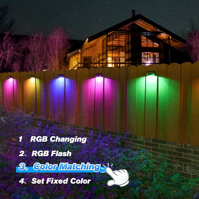 Aulanto Solar Fence Lights 4 Pack, Fence Solar Lights IP65 Waterproof Outdoor Lights,Warm White and 10 RGB Color Glow Modes, Solar Lights Outdoor Decor for Backyard,Garden,Fence,Wall,Deck,Stairs.