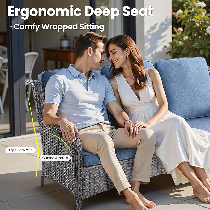 ovios 5 Pieces Patio Furniture Set with 30" Fire Pit Table, Outdoor Wicker Sofa with Loveseat, Comfy Cushions, High Back Couch Conversation Set, Grey Rattan, Denim Blue