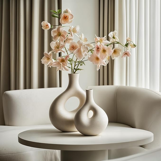 NOBULA White Ceramic Donut Vases – Modern Home Decor for Living Room, Bedroom & Table Centerpiece - Minimalist Nordic – Unique Vases for Olive Plant & Flowers – Decorative Coffee Table Vase Set of 2