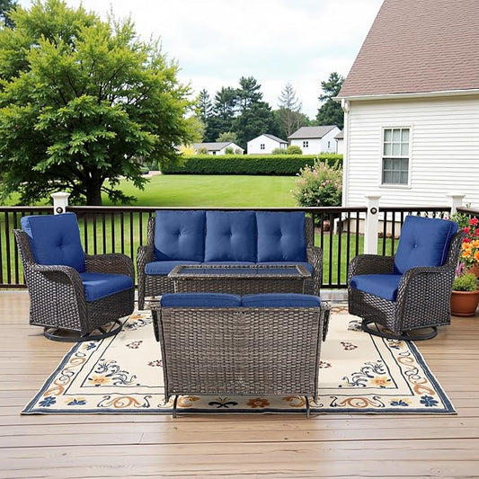 5 Piece Outdoor Patio Furniture Set - Outdoor Conversation Couch and Loveseat Glider Chair Furniture Set with Rattan Coffee Table for Deck Balcony Poolside Brown Wicker/Blue Cushions