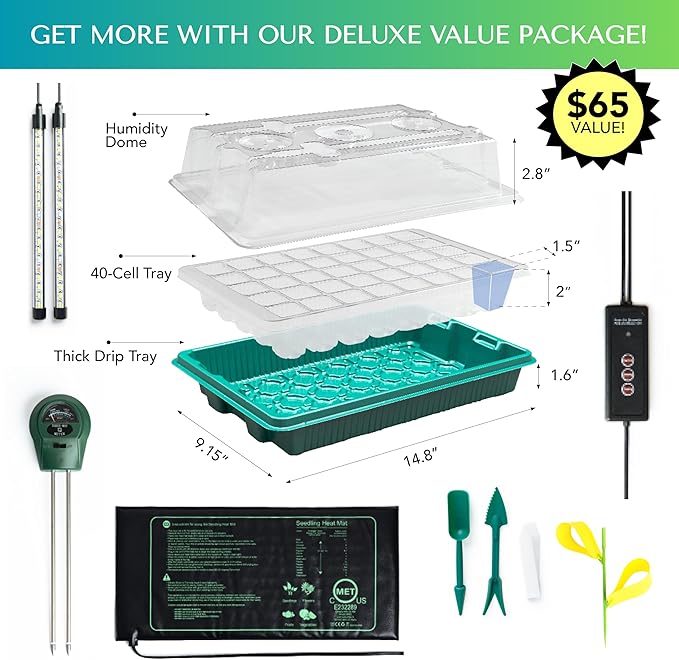 Upgraded Seed Starter Tray with Grow Lights and Heat Mat, 3-in-1 Soil Meter, & Sticky Gnat Traps, 40-Cell Seed Growing Tray, Germination & Plant Propagation Station for Indoor Plants