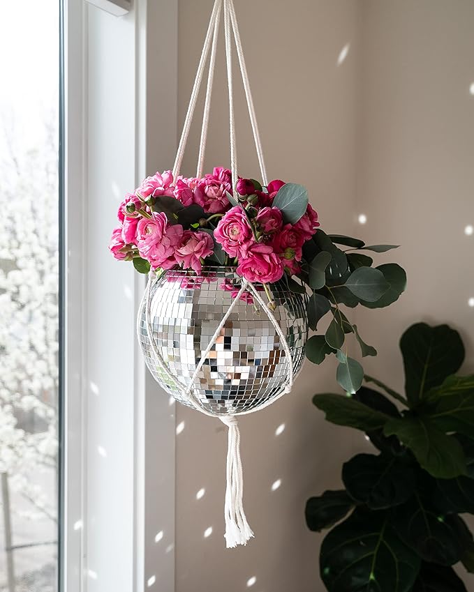 Hanging Disco Ball Planter 8" - with Acrylic Stand and Macrame Plant Hanger - Home Décor, Room Décor, Mirror Disco Planter, Disco Decor (10" with Base)