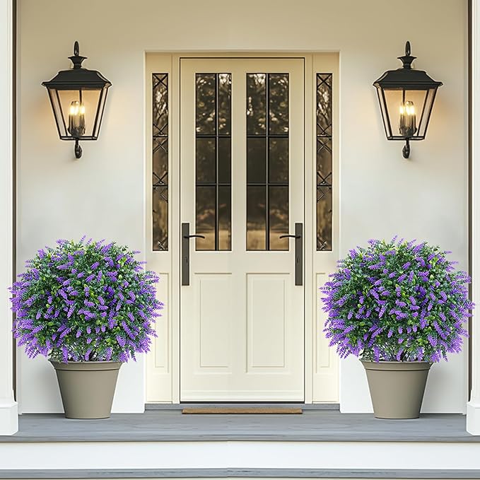 Artificial Boxwood Topiary Ball with Lavender, Set of 2 Artificial Shrub Bushes with Ground Spike, Fake Evergreen Tree for Porch, Artificial Plants for Outdoor Planters Indoor UV Resistant
