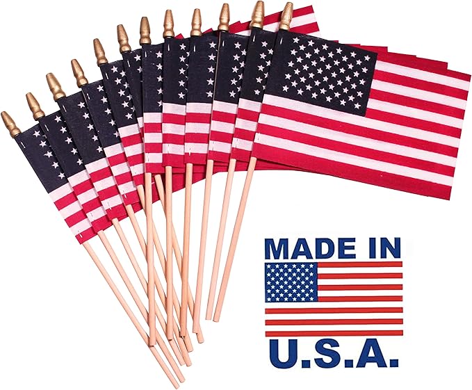 American Flags on Stick - Handheld Spearhead US Flag for 4th of July, Memorial Day Event Decorations - Patriotic Decor for Indoors & Yard - Wooden Stick, Cotton Fabric - (4"X6" - 50 Pack)