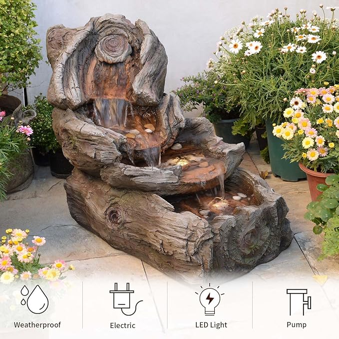 31.5" L Garden Water Fountain Outdoor, Artifical Imitation Wood Outdoor Water Fountain Natural Waterfall with LED Lights for Patio,Porch,Backyard,Home Art Decor（Resin）