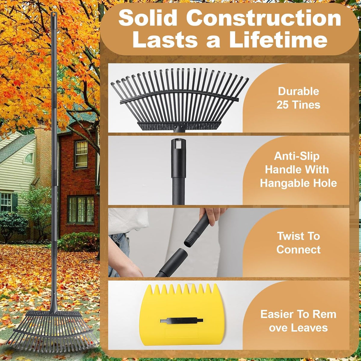 Rake with Leaf Scoops Garden Leaf 25 Tines Lawn Leveling Tool, Heavy Duty 64.1 Inch Adjustable Handle Metal Rake for Picking Leaves Grass Garbage, Black